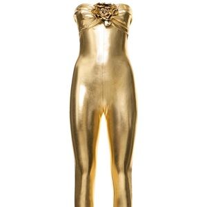 Gold Strapless Jumpsuit with removal bow